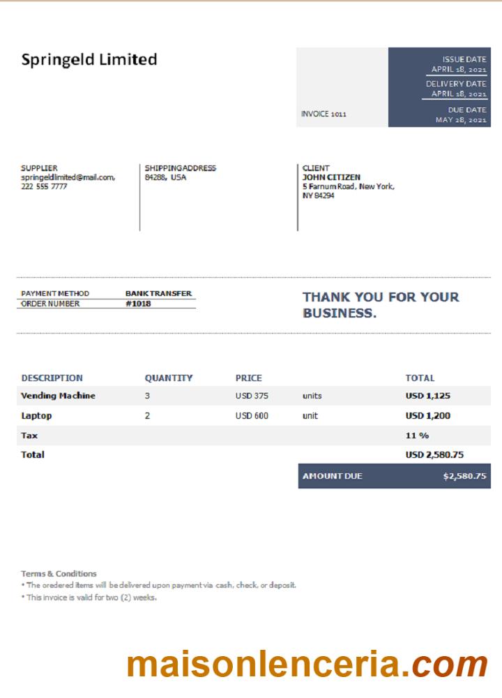 USA Springeld Limited faktura słowo i PDF szablon